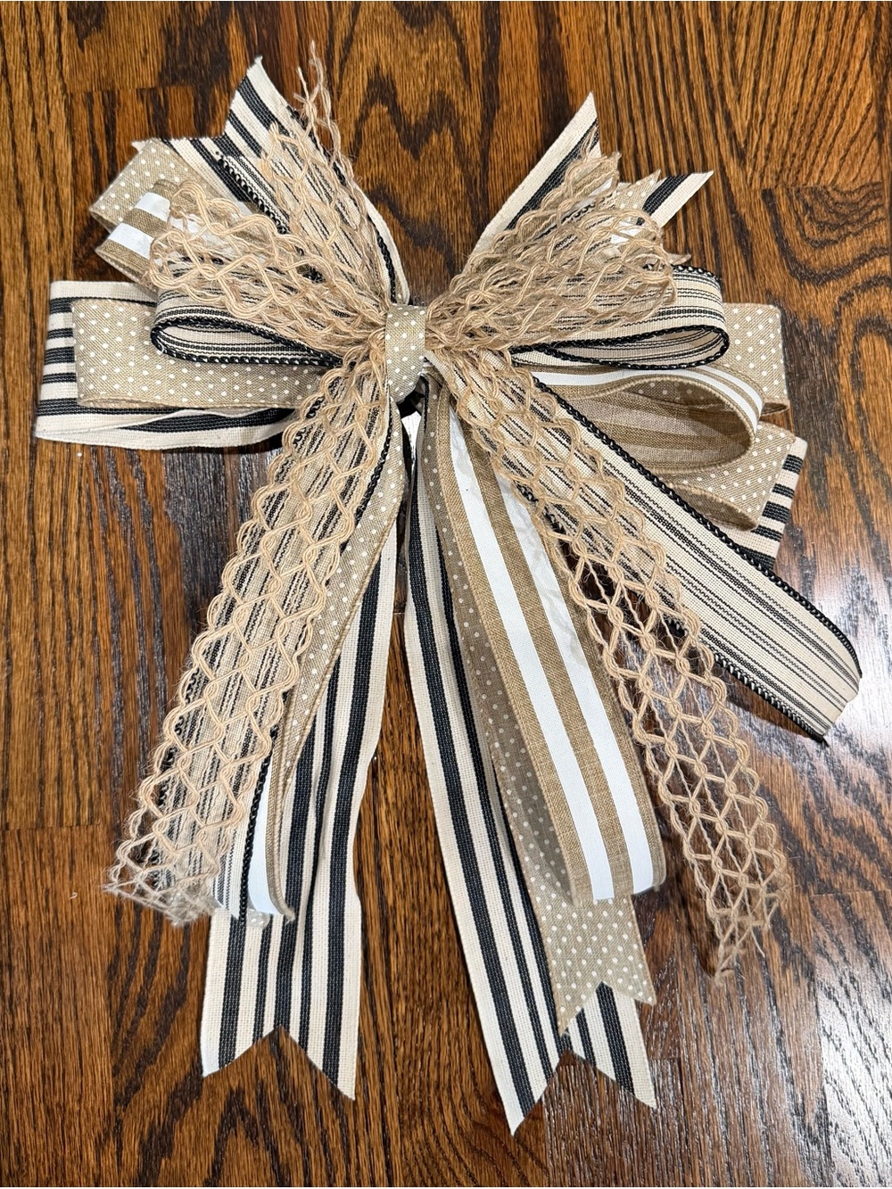 Handmade Neutral Striped and Jute Holiday Bow